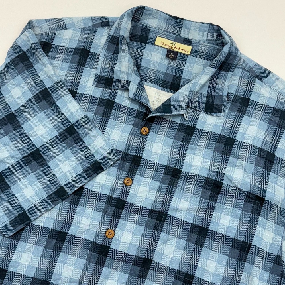 Tommy Bahama 100% Silk Button Front Shirt Mens XL Blue Plaid Herringbone Camp